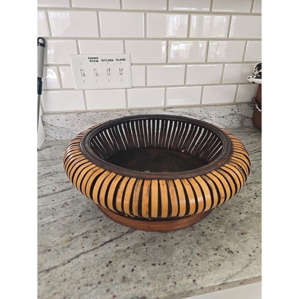 Vtg Handcrafted Rattan Reed Slat Basket Planter Centerpiece Large